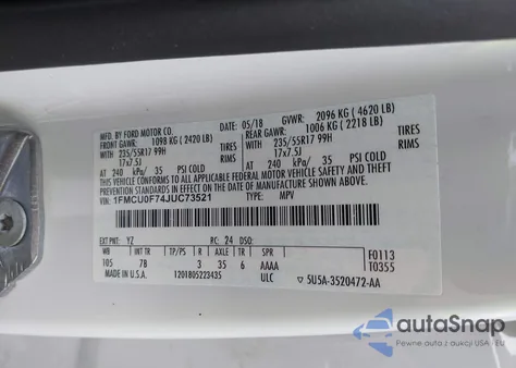 2018 Ford Escape S from USA, damaged, VIN 1FMCU0F74JUC73521